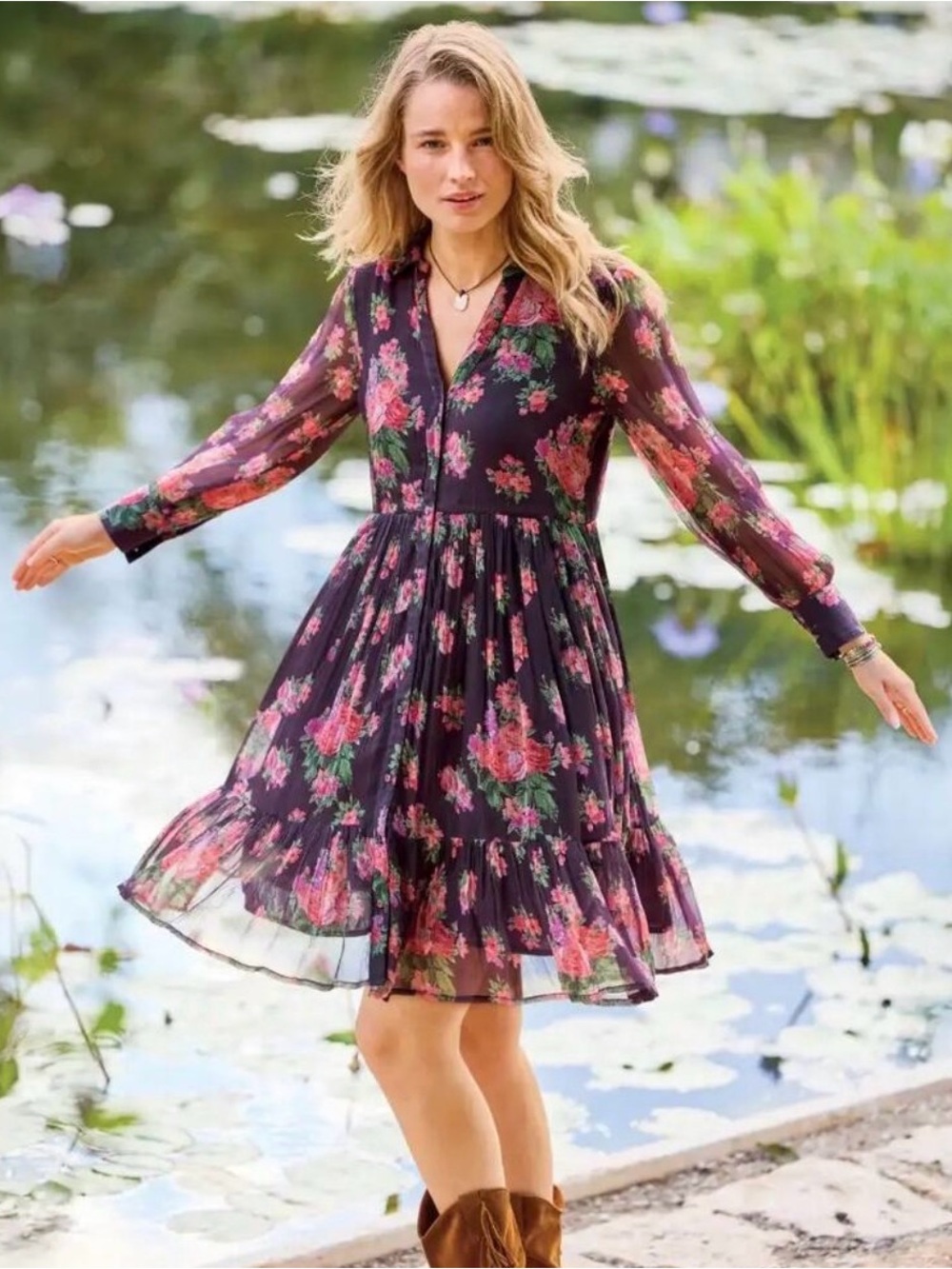 Sundance Altenburg Crinkled Floral Tie-Waist Shirt Dress - Dark Plum